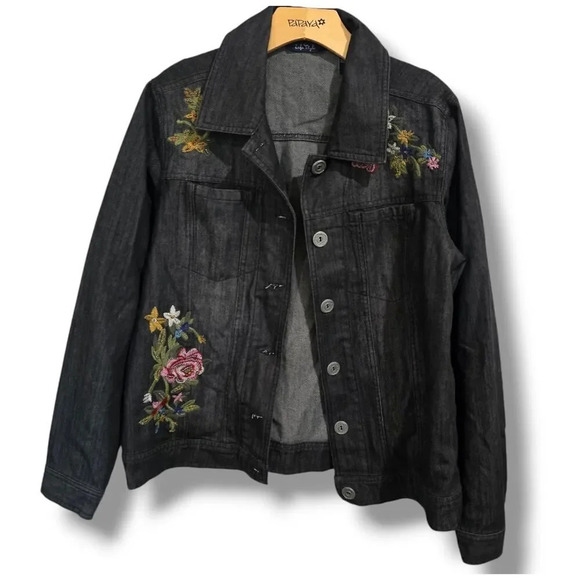 Life Style Boho Chic Embroidered Beaded Denim Jacket Women’s Medium Dark Wash - Picture 1 of 9
